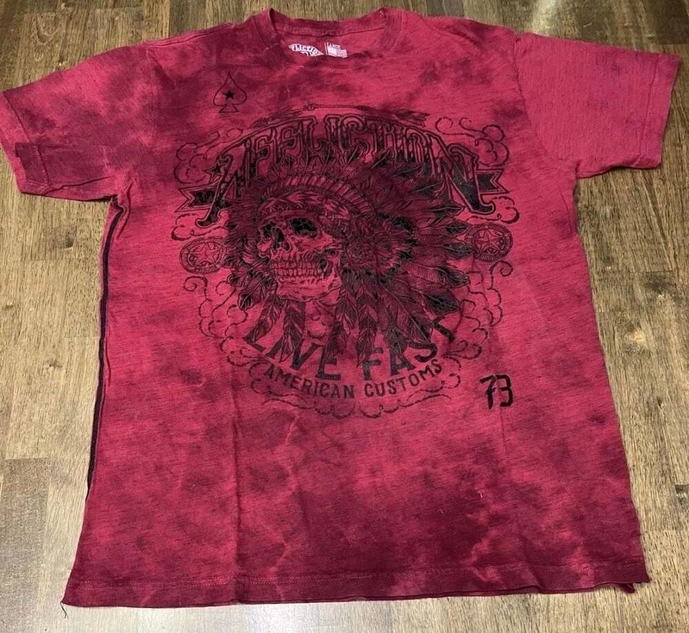 Affliction American Customs Indian Skull Graphic Red Acid Wash T-Shirt Men’s L